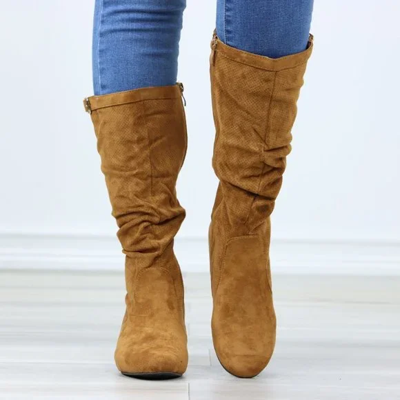 Tan Faux Suede Round Toe Low Kitten Wedge Heel Mid Calf Boots - Picture 9 of 12